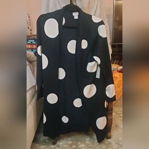 Long black polkadot open front sweater